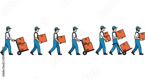 A horizontal sequence of eight cartoon delivery workers in blue uniforms are moving and handling orange boxes against a plain white background.