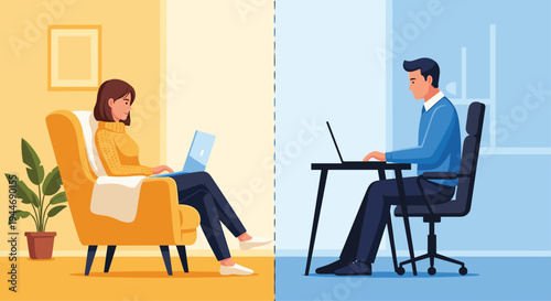 A split illustration shows a woman working on a laptop in a yellow living room and a man working on a laptop in a blue office.