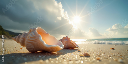 Large conch shell lies on sandy beach with warm light, smaller shell lies farther back, cloudy sky and sunlight in background, calm sea.