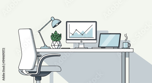 A minimalist office desk features a monitor displaying a graph, a laptop, a blue lamp, a plant, and a coffee cup.