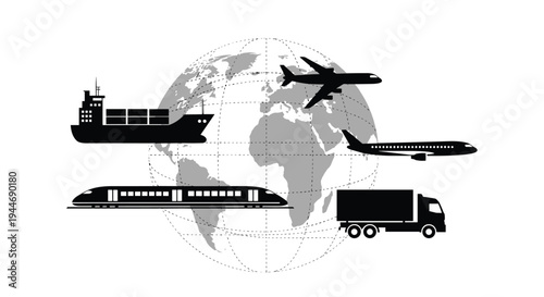 Various silhouettes of global transportation modes including a ship, train, truck, and airplanes are arranged around a wireframe globe.
