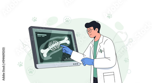 Veterinarian examining pet X-ray on screen, medical diagnosis, animal healthcare concept