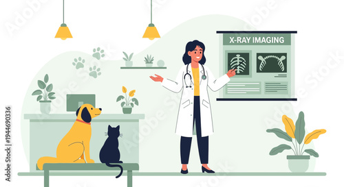 Veterinarian Explains X-Ray Imaging to Dog and Cat in Clinic