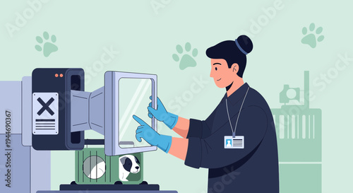 Veterinarian Operating X-Ray Machine for Dog in Clinic