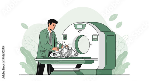 Veterinarian Performing CT Scan on Animal Skeleton in Modern Medical Clinic