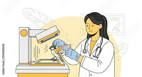 Veterinarian performing X-ray on a small bird, diagnostic imaging for avian health