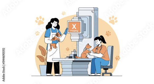 Veterinarian Performing X-ray on Dog with Assistant Holding Puppy, Veterinary Clinic
