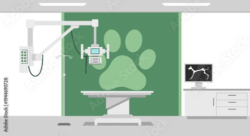 Veterinary X-ray Room with Equipment and Dog Scan on Screen