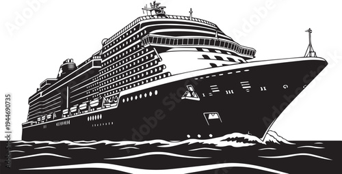bold black and white silhouette of a large luxury yacht or cruise ship.