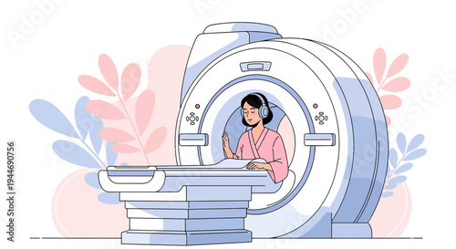 Woman in headphones undergoing MRI scan, medical technology, healthcare concept