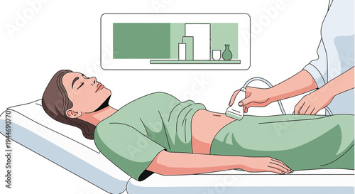 Woman Undergoing Abdominal Ultrasound Examination by Medical Professional