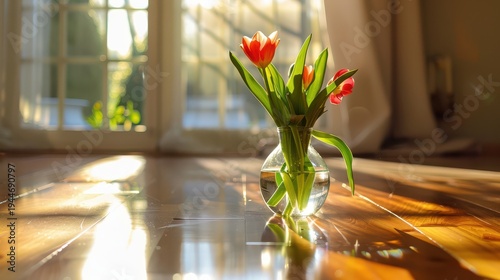 Tulip stems arranged in glass vase on reflective floor