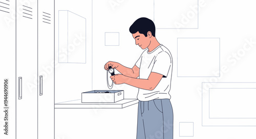 Young Man Organizing Personal Items in a Locker Room