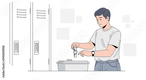 Young Man Placing Watch in Locker, School or Gym Setting