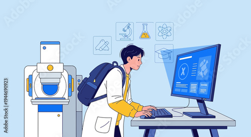 Young scientist analyzing medical scan data on computer next to advanced imaging equipment