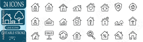 Real estate and house outline icon set featuring home security and property for sale or rent and more vector illustration or editable stroke