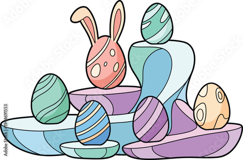 Easter day vector illustration of colorful eggs and bunny