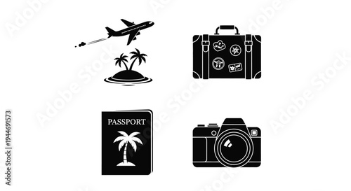 Black Silhouette Travel Icons Set Airplane, Suitcase, Passport and Camera, Tropical Island 