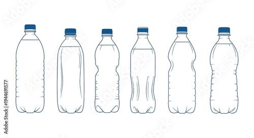 Outline vector graphic design of six distinct plastic water bottles with blue caps.