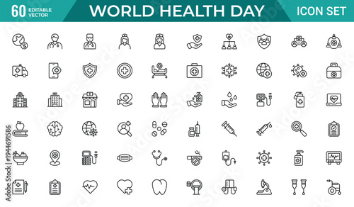 World Health Day icon set for medical and healthcare concepts