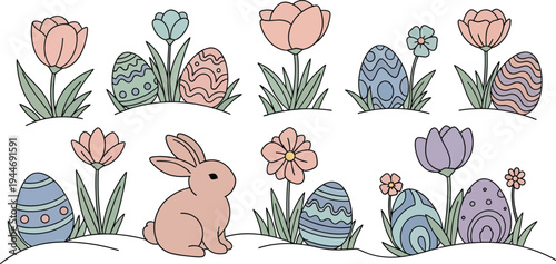 Easter day vector illustration of bunny and colorful tulips on white background