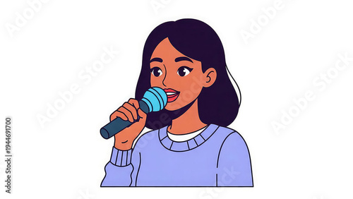 A cartoon woman singing into a microphone with a cheerful expression