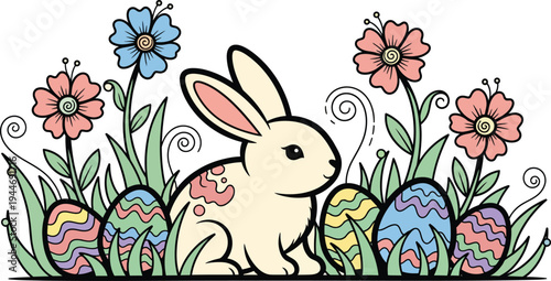 Easter day vector illustration of bunny in garden with colorful eggs and flowers on easter day