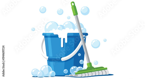 A vibrant vector illustration depicting a blue cleaning bucket filled with bubbly soap suds and a green mop