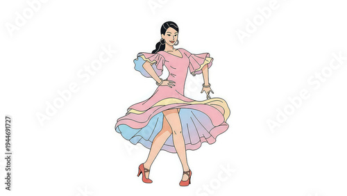A colorful cartoon illustration of a flamenco dancer in a flowing dress