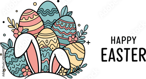 Happy easter day vector illustration with colorful eggs and bunny