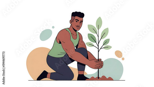 A fit man planting a tree in a modern eco-friendly setting