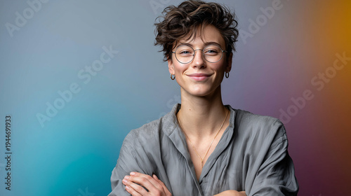 Beautiful Confident Non-Binary Founder Arms Crossed Smiling in Gender-Neutral Fashion

