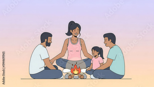 A happy family sitting around a campfire in a vector illustration