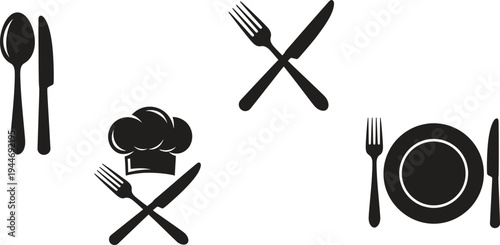 black silhouettes of kitchen utensils and plate