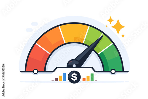 Vector illustration of a business performance meter or credit score gauge with the needle pointing to the maximum green zone, featuring a dollar sign icon and bar charts for financial growth.