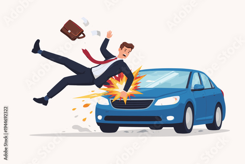 Vector Illustration of a Businessman in a Suit Being Hit by a Blue Car in a Pedestrian Accident, Collision Scene with Flying Briefcase and Papers, Concept for Road Safety and Insurance Claims