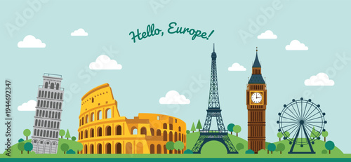 Playful illustrated European skyline featuring iconic landmarks like Eiffel Tower, Big Ben, Colosseum, Pisa Tower, Ferris wheel, cheerful travel theme
