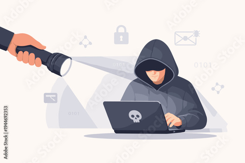 Flat vector illustration of a hand with a flashlight shining light on a hacker in a hoodie using a laptop, representing cybersecurity awareness, threat detection, and exposing digital crimes.