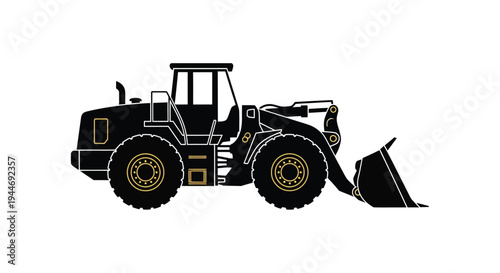 A detailed black outline of a front loader construction vehicle silhouette