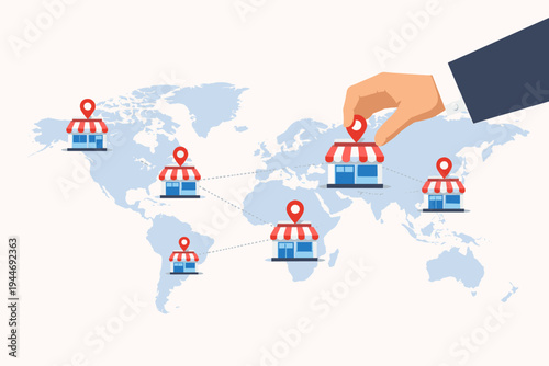 Businessman Hand Expanding Global Brand Store Network on World Map, Representing International Franchise Growth, Retail Chain Expansion, Global Market Reach, and Corporate Business Strategy Vector