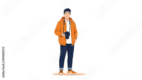 A young man holding a camera in a minimalist illustration style