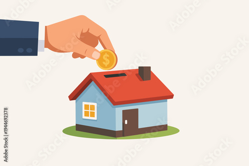 Businessman hand putting gold dollar coin in house shaped piggy bank, real estate investment, home savings, mortgage down payment, property ownership and financial planning vector illustration.