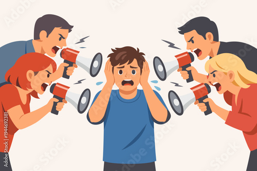 Simple flat vector illustration of angry people shouting into megaphones at a scared young man covering his ears, representing social pressure, bullying, harassment, and mental health stress.