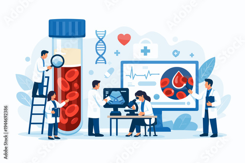 Medical Laboratory Vector Illustration with Doctors Analyzing Blood Samples in a Giant Test Tube, Using Microscope and Computer Monitors for Healthcare Diagnostics and Scientific Research.