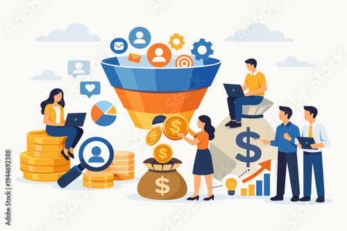 Flat vector of a business team managing a sales funnel to monetize customer data, showing lead generation, conversion optimization, financial growth, and data analysis for marketing strategy.