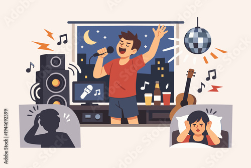 Noisy Neighbor Singing Karaoke and Playing Loud Music Late at Night with Speakers and Disco Ball, Disturbed Neighbors Covering Ears in Bed, Noise Pollution and Lack of Consideration Concept