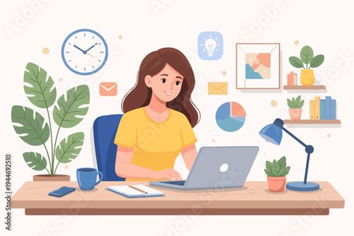 Flat vector illustration of a young woman working on a laptop at a cozy home office desk with plants, coffee, and books. Concept for remote work, freelance, productivity, and online education.