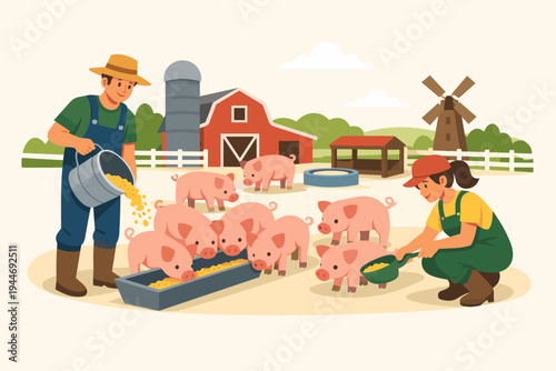Flat vector illustration of a male and female farmer feeding a group of cute pink piglets on a rural pig farm with a red barn, silo, and windmill in the background. Agricultural livestock scene.
