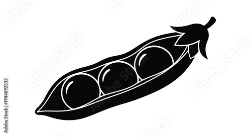 A black silhouette of a pea pod containing three peas