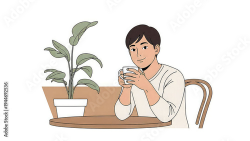 A smiling man sitting at a table with a cup of coffee and a potted plant beside him in a minimalist illustration